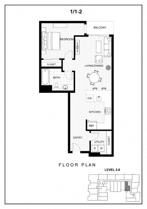 Floor plan for 1 bed, 1 bath, 683 sqft